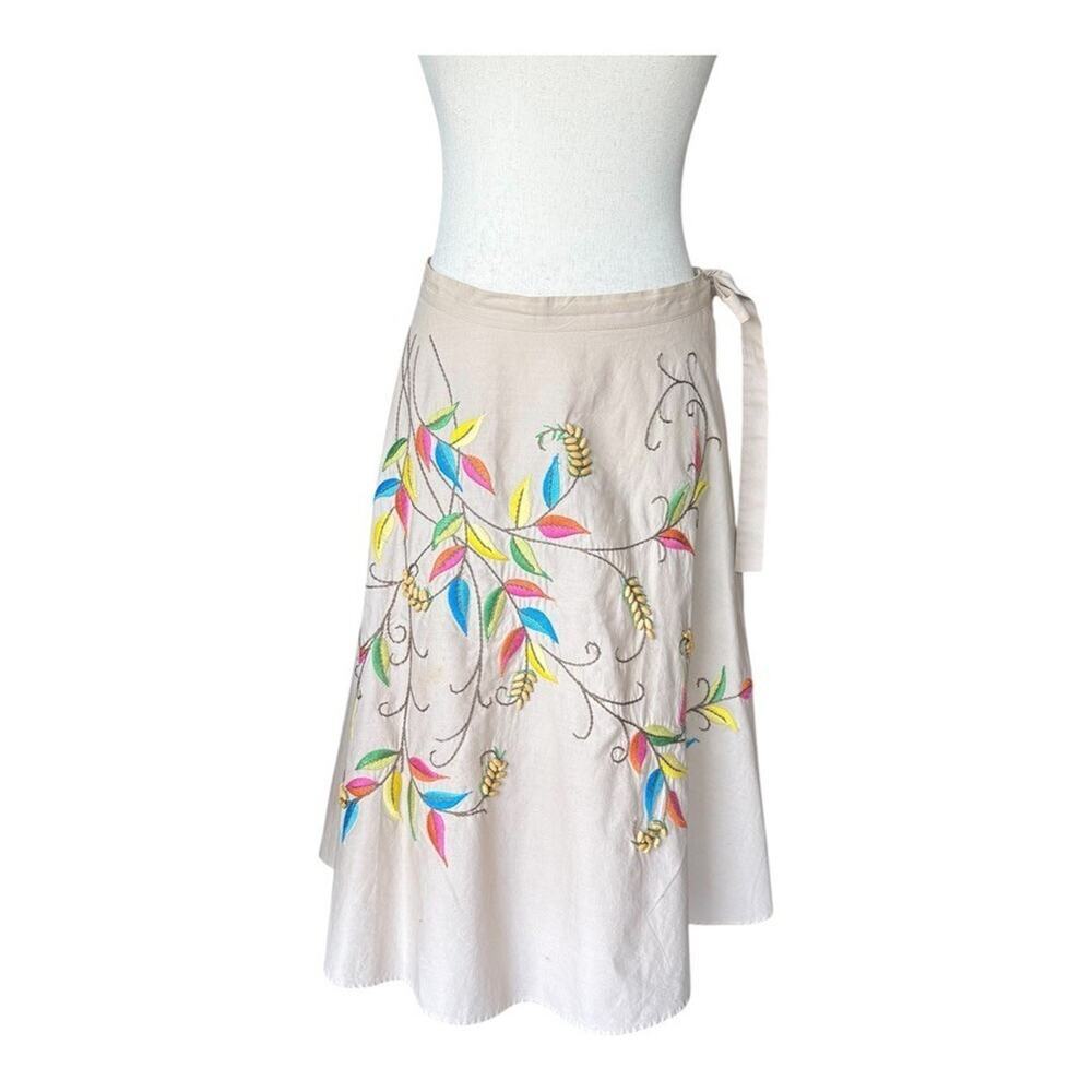 BCBGMAXAZRIA Floral Embroidered Flared A-Line Skirt Tan Neutral 100% Cotton L
